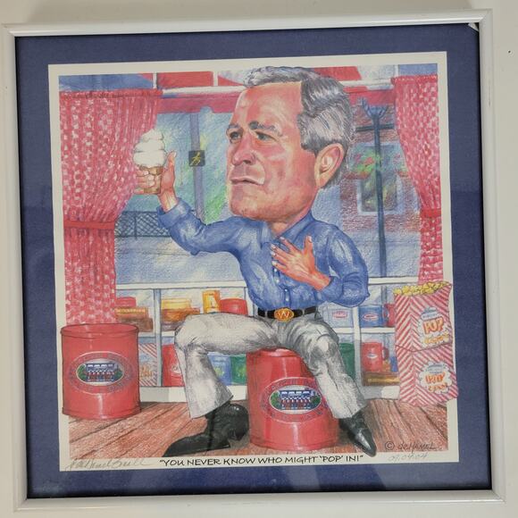De Hamel‎ George W Bush Chagrin Falls Popcorn Shop Hanging Framed Art 12" Signed - Picture 6 of 11